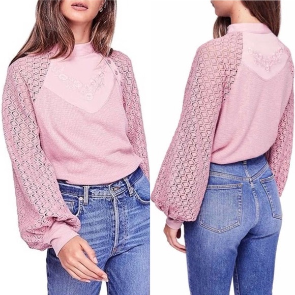 Free People Sweetest Thing Lace Sleeve Pink Blush Thermal Top Size XS - Picture 4 of 12